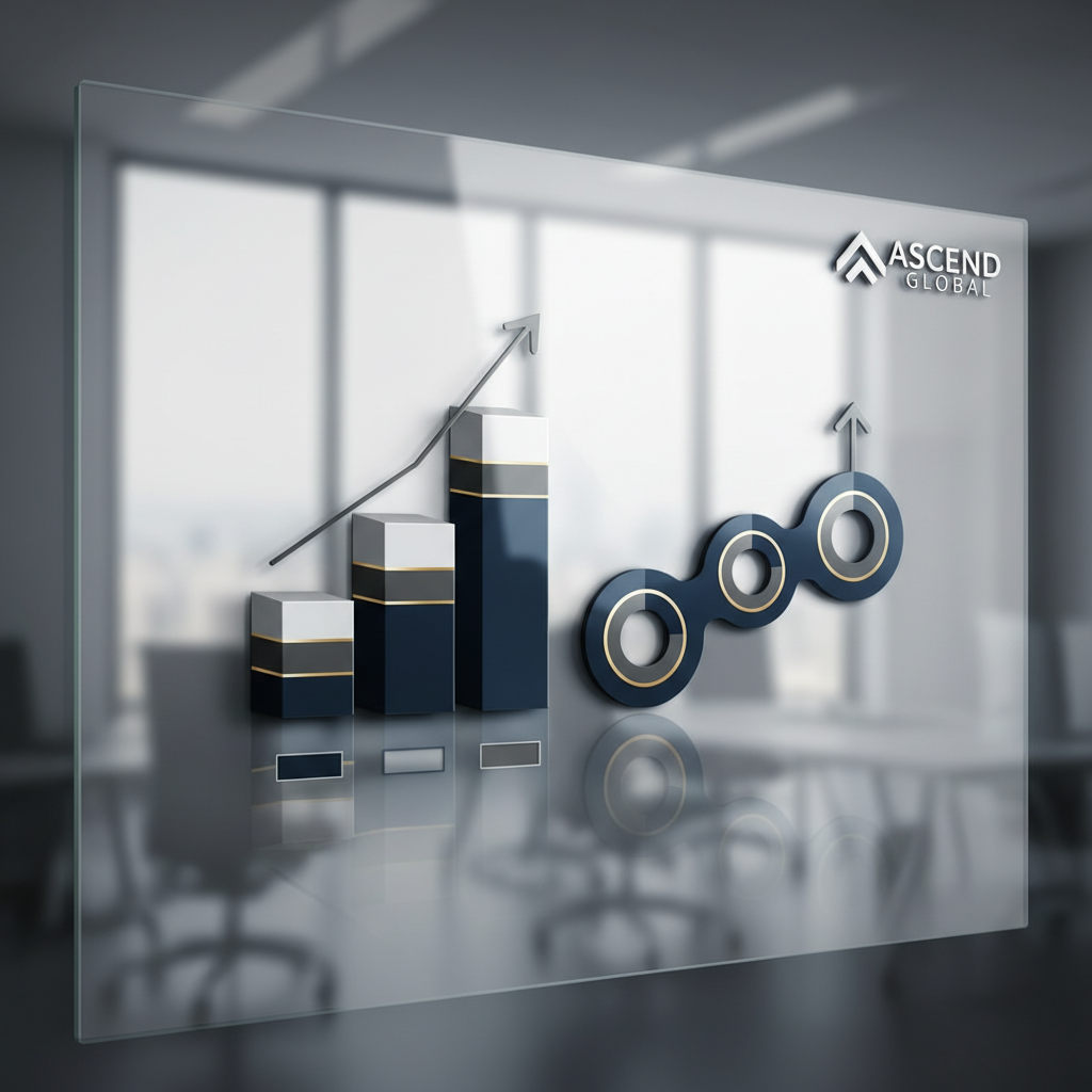 An abstract infographic illustrating business scaling and growth through a minimalist, ascending chart or pipeline, using professional colors.