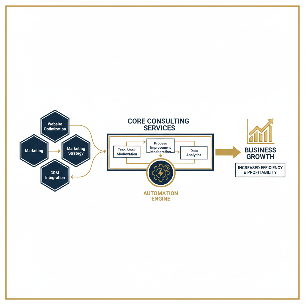 An abstract infographic illustrating core consulting services flowing into an automation engine, using geometric shapes and a deep navy, white, charcoal, and gold color scheme.
