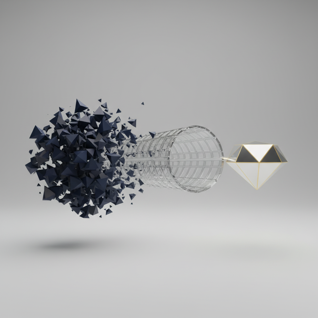 An abstract infographic illustrating raw, unorganized data transforming into refined, valuable insights, depicted as geometric shapes in deep navy and charcoal refining into a shining silver and gold crystal.