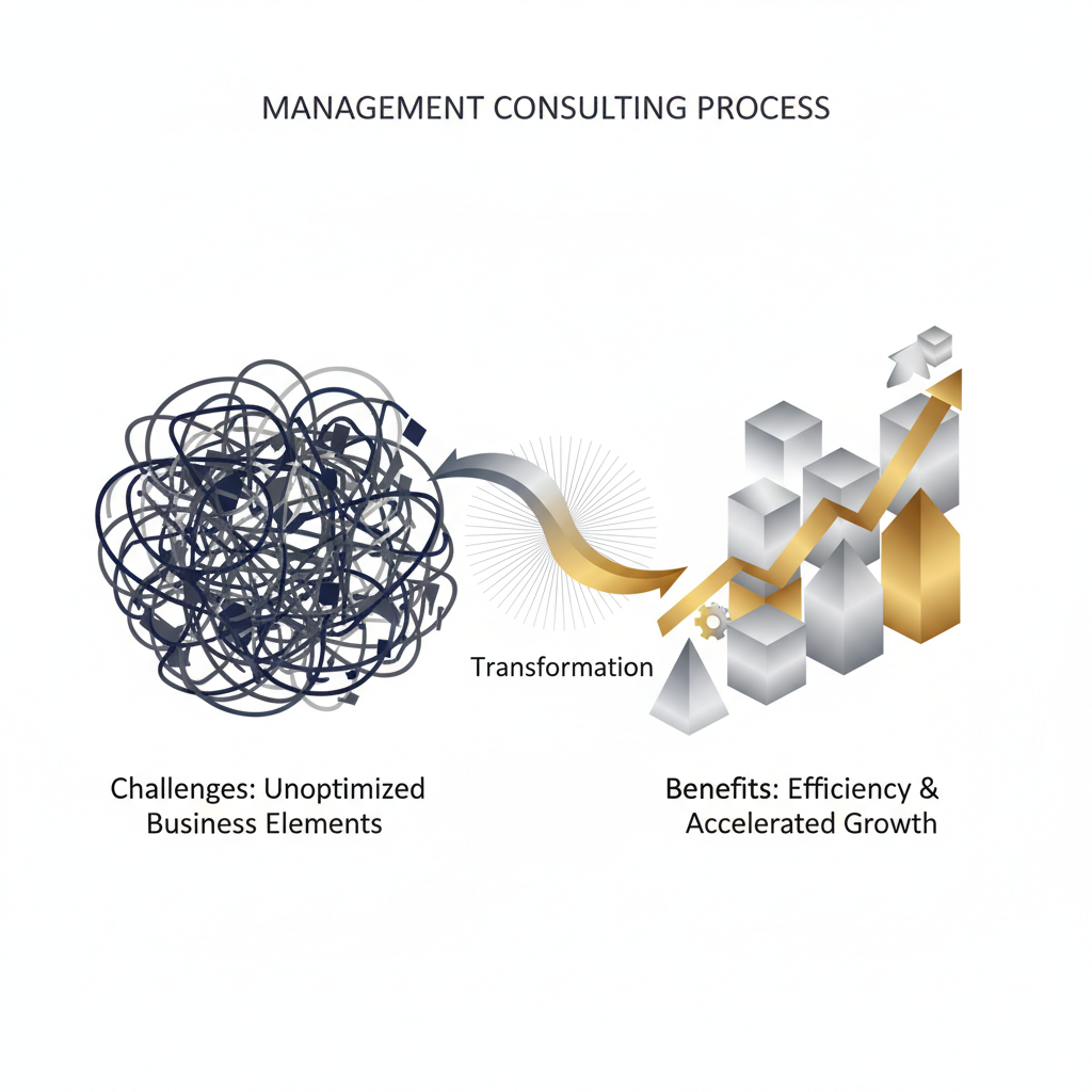 An abstract infographic illustrating the transformation from tangled business challenges to streamlined, upward-trending growth and efficiency, using geometric shapes in deep navy, charcoal, silver, and gold.