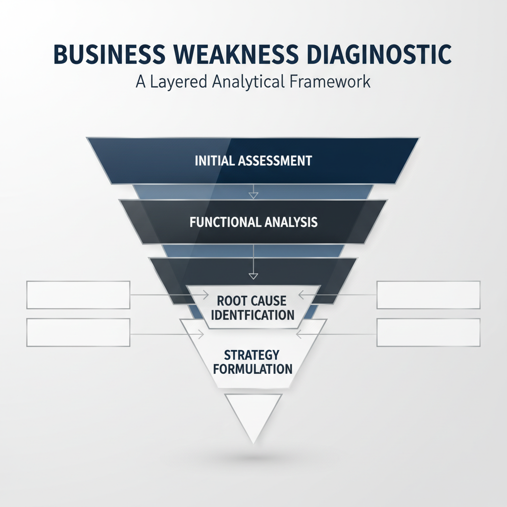 An abstract infographic showing a multi-layered diagnostic funnel with various business areas being analyzed, highlighted with silver accents on a deep navy and charcoal background.
