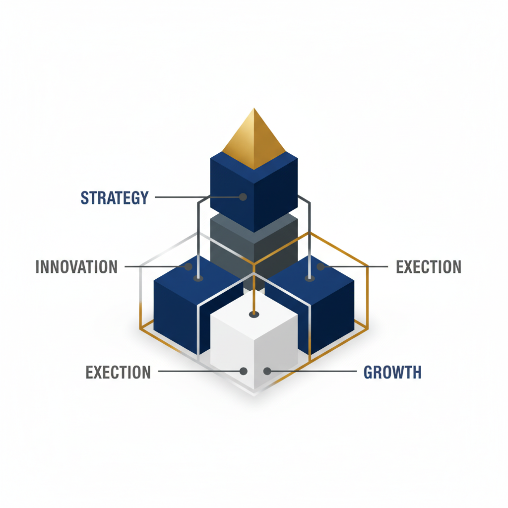 An abstract, layered structure of geometric blocks in navy, charcoal, and white, with silver accents, symbolizing the foundational elements of a consulting brand, set against a clean background with negative space.
