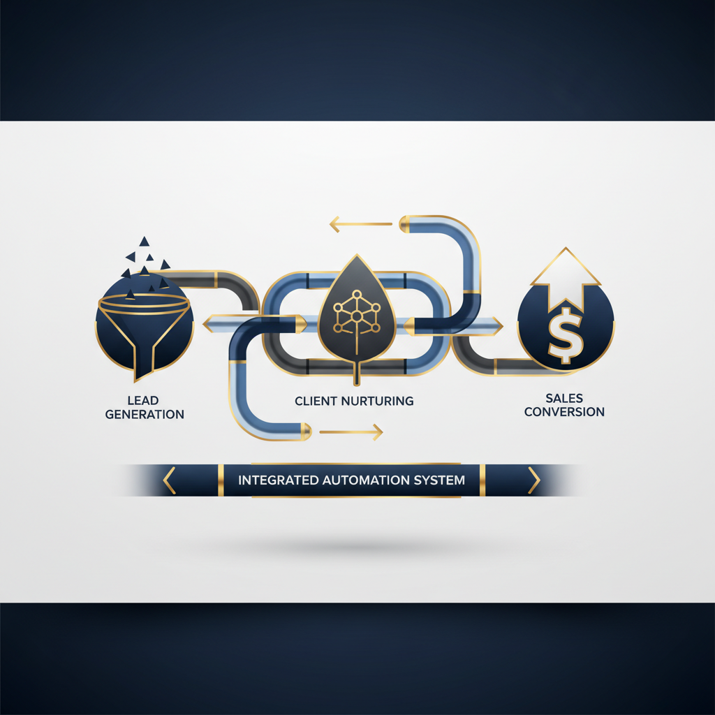 An abstract, minimalist visualization of an automated business workflow, showing interconnected geometric shapes and pipelines representing lead generation, client nurturing, and sales processes for coaching-driven growth.