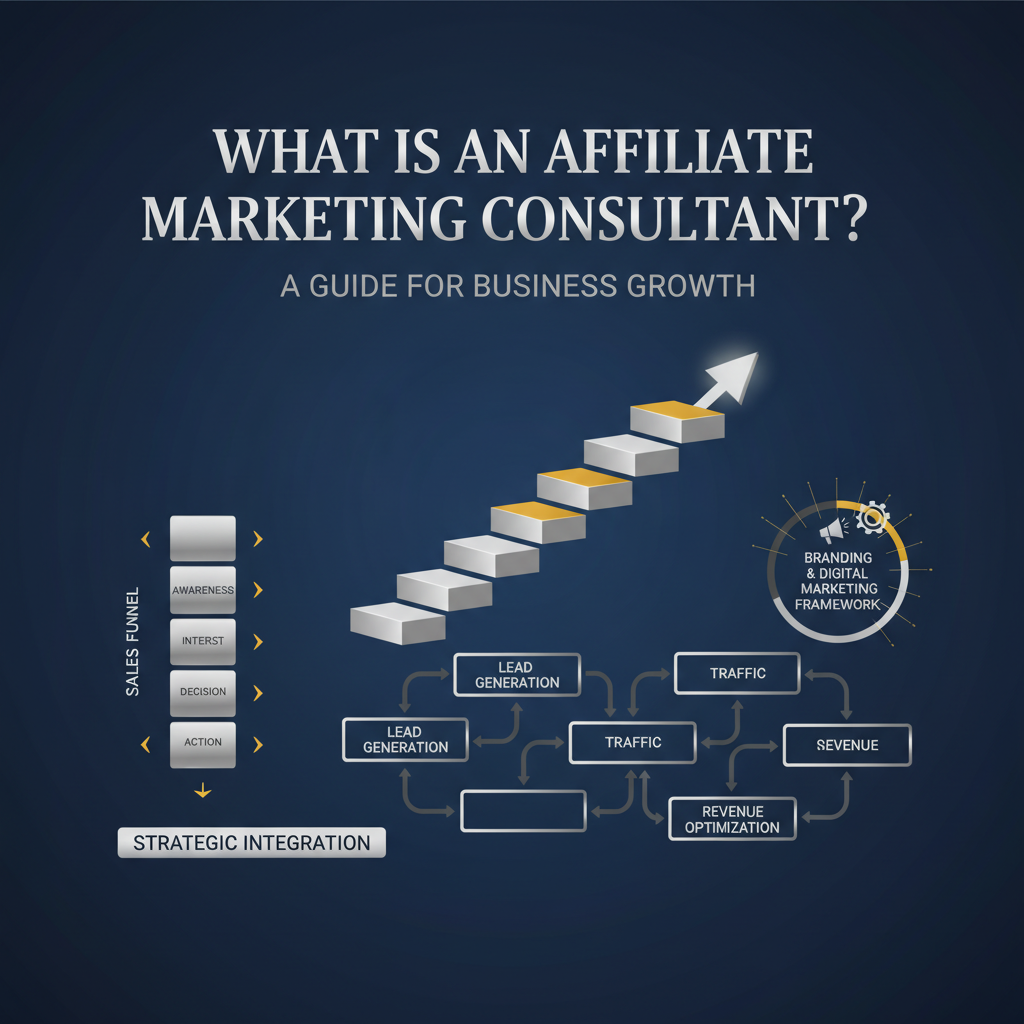 An abstract, premium infographic header for an article titled 'What Is an Affiliate Marketing Consultant? A Guide for Business Growth,' featuring interconnected workflow diagrams, automated sales funnels, and ascending business growth charts in a modern, vector-based style with deep navy, charcoal, white, and metallic accents, emphasizing efficiency and strategic business growth.