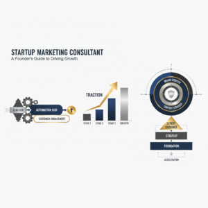 An abstract, premium infographic-style image depicting business growth, marketing automation, and online presence. It features interconnected workflow diagrams, ascending growth charts with directional arrows, and layered digital marketing frameworks, all rendered with clean geometric shapes, subtle gradients, and metallic silver or gold accents against a deep navy, charcoal, and white color palette. No people are present.