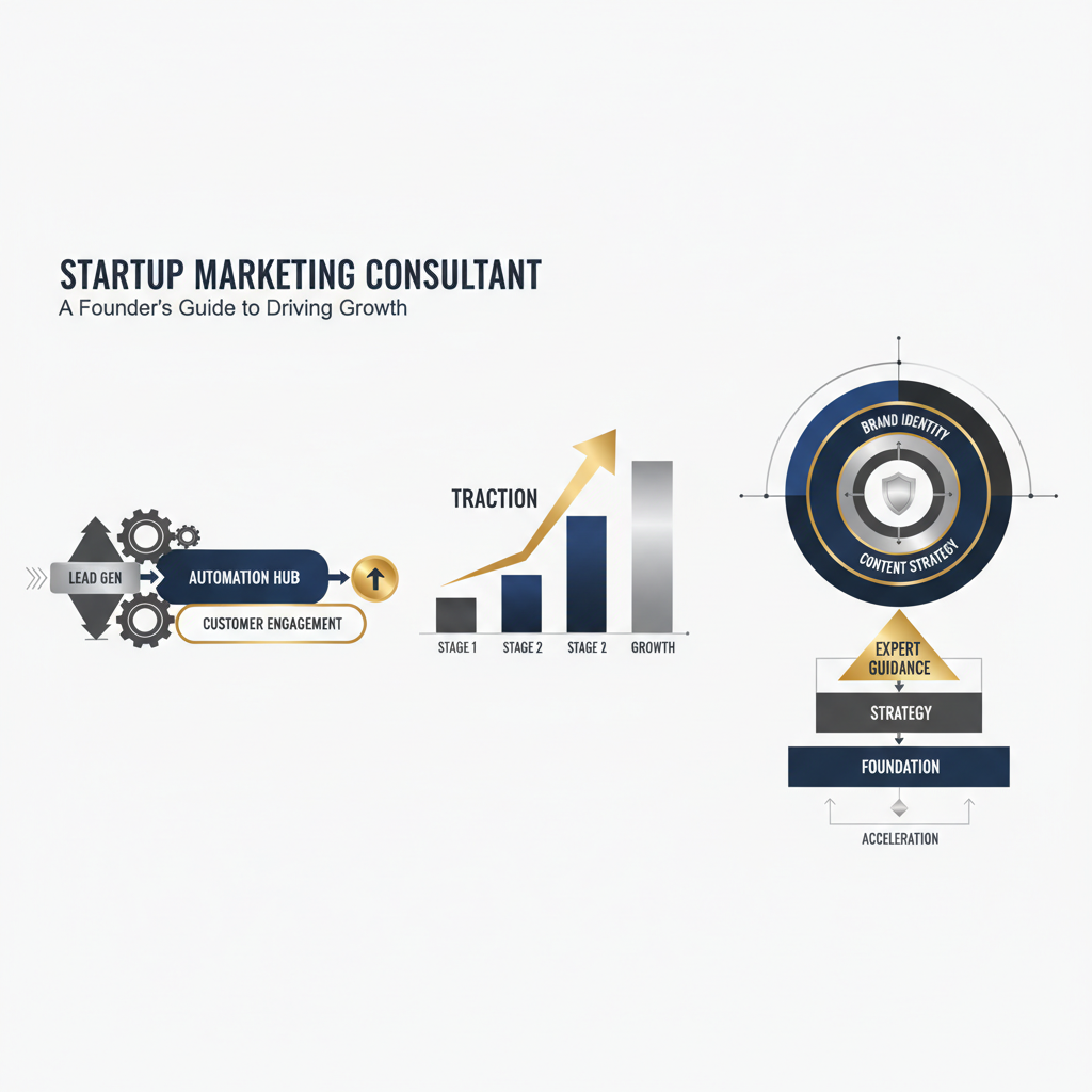 An abstract, premium infographic-style image depicting business growth, marketing automation, and online presence. It features interconnected workflow diagrams, ascending growth charts with directional arrows, and layered digital marketing frameworks, all rendered with clean geometric shapes, subtle gradients, and metallic silver or gold accents against a deep navy, charcoal, and white color palette. No people are present.