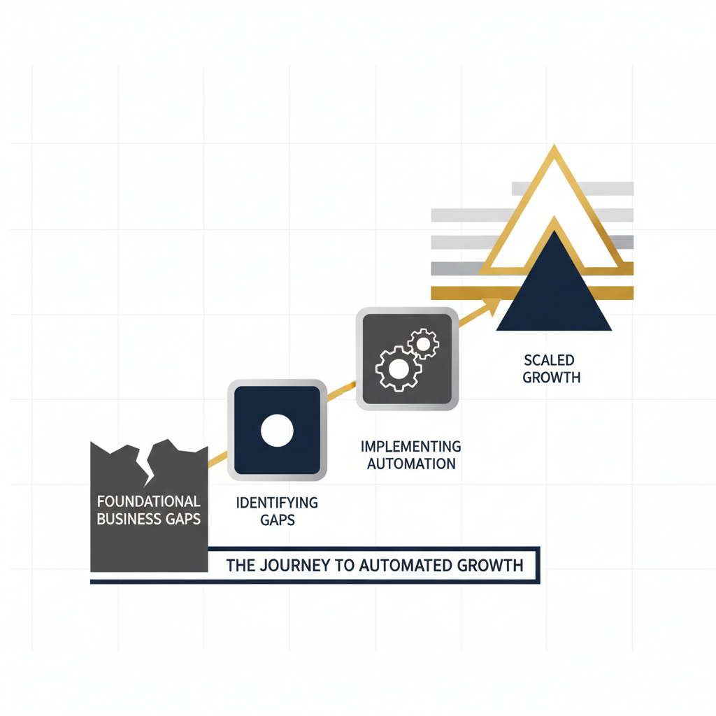 An executive infographic illustrating a step-by-step ascending path from foundational business gaps to automated growth, using geometric shapes and silver/gold highlights on a deep navy background.