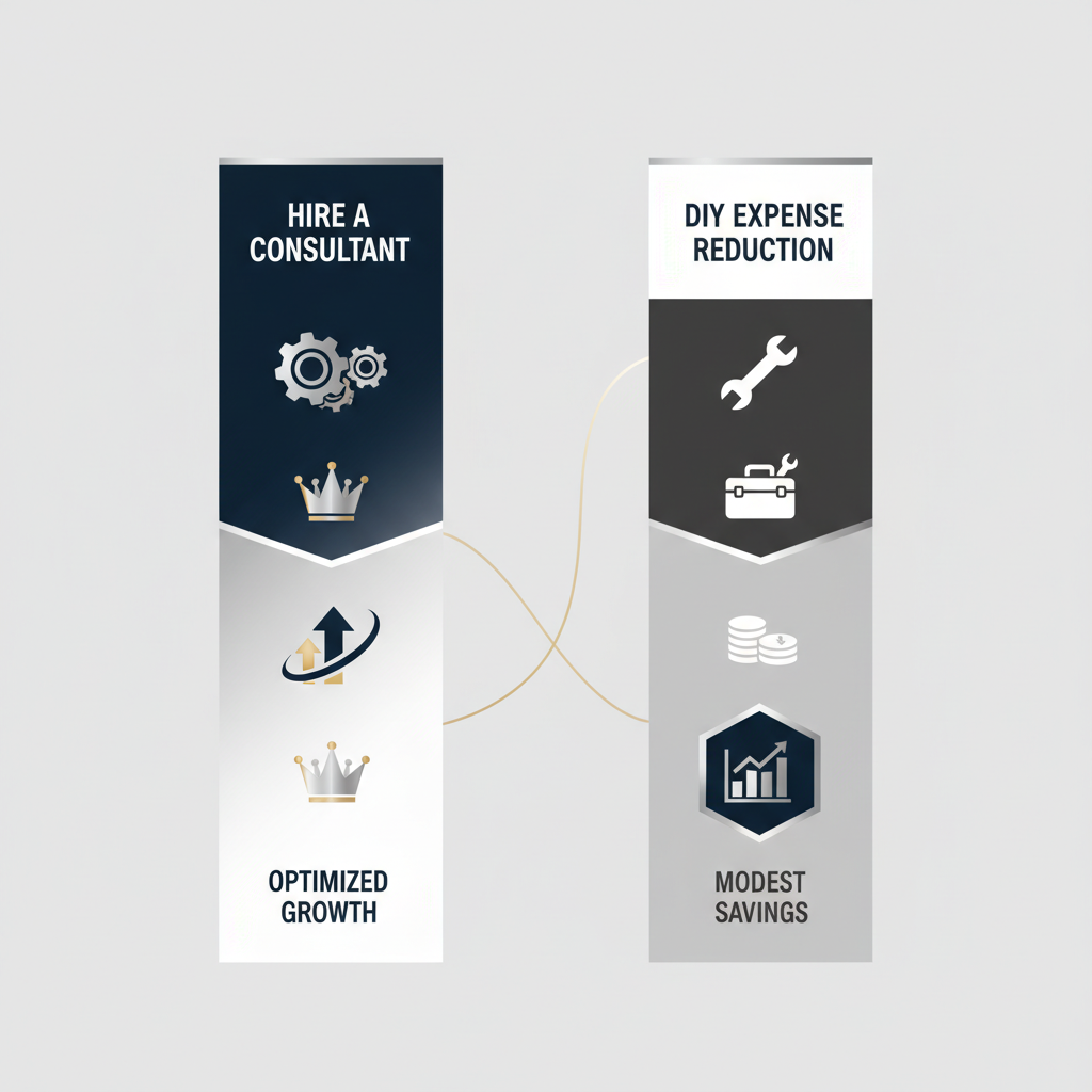 An infographic comparing two distinct approaches to expense reduction: hiring a professional consultant versus undertaking a do-it-yourself strategy, using abstract icons and a split layout.