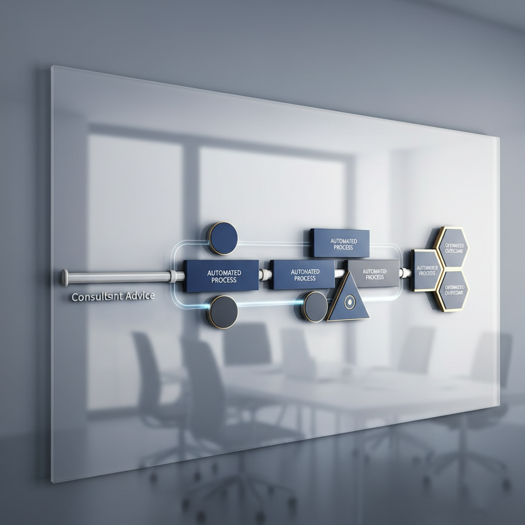 An infographic demonstrating the integration of consultant advice with business automation, showing a streamlined workflow diagram with interconnected geometric shapes and a silver pipeline.