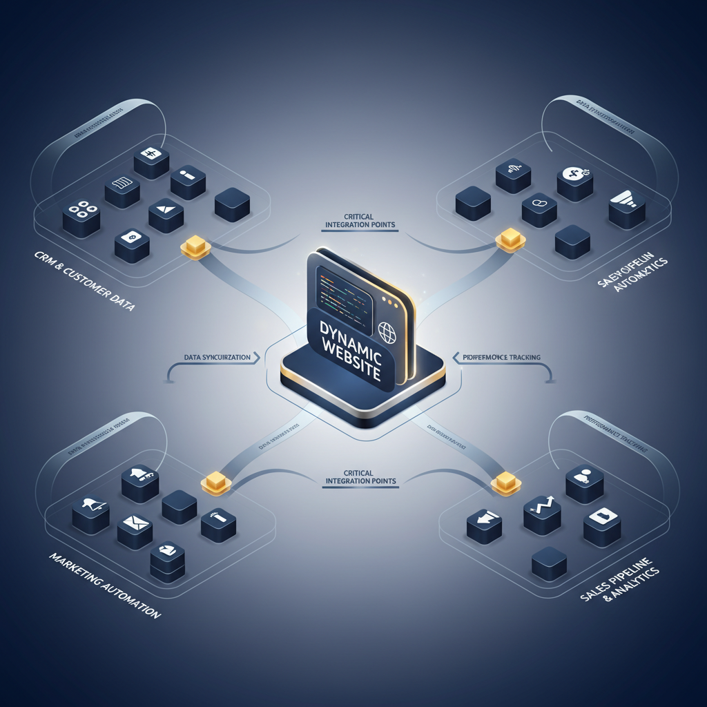An infographic depicting a dynamic website as a central hub, connecting seamlessly with various business automation modules through a sophisticated process flow diagram.