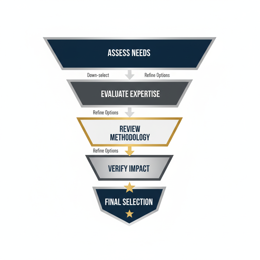 An infographic depicting a step-by-step decision framework or a structured pathway for choosing an agile consulting firm, with abstract geometric shapes.