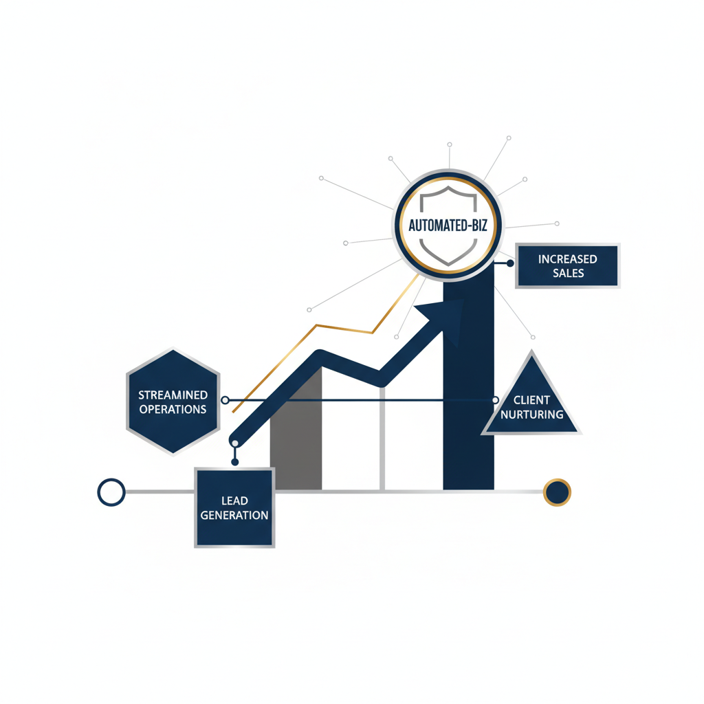 An infographic featuring a central 'Automated-Biz' emblem anchoring an ascending growth chart surrounded by interconnected benefits like streamlined operations and increased sales.