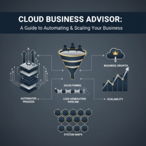 An infographic header image titled 'Cloud Business Advisor: A Guide to Automating & Scaling Your Business'. It features abstract, interconnected vector graphics in deep navy, charcoal, and white with metallic gold accents. The design depicts business growth, automation workflows, and sales funnels using clean geometric shapes, directional arrows, and layered steps, conveying efficiency, professionalism, and strategic business development. No people are visible.