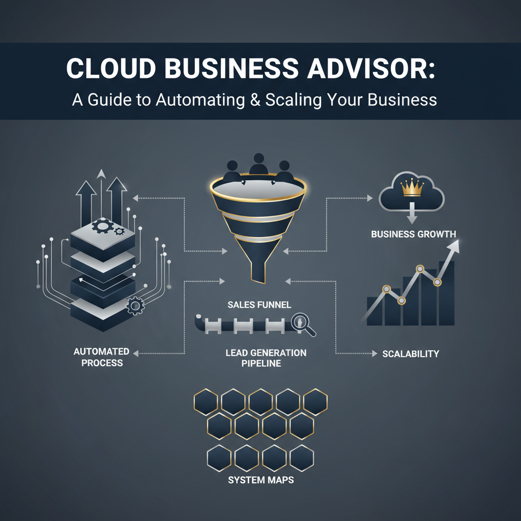 An infographic header image titled 'Cloud Business Advisor: A Guide to Automating & Scaling Your Business'. It features abstract, interconnected vector graphics in deep navy, charcoal, and white with metallic gold accents. The design depicts business growth, automation workflows, and sales funnels using clean geometric shapes, directional arrows, and layered steps, conveying efficiency, professionalism, and strategic business development. No people are visible.