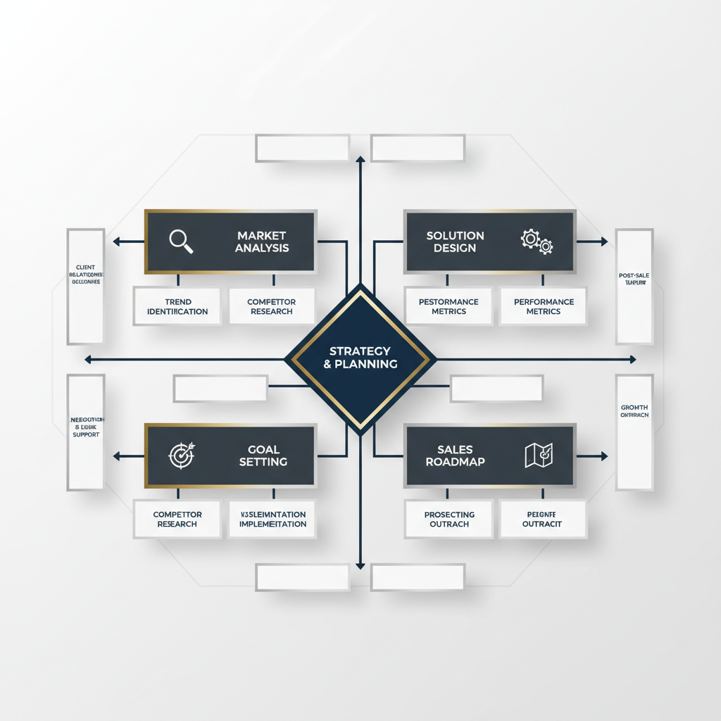 An infographic illustrating a business sales consultant's key responsibilities as a multi-layered, interconnected framework of duties and expertise.