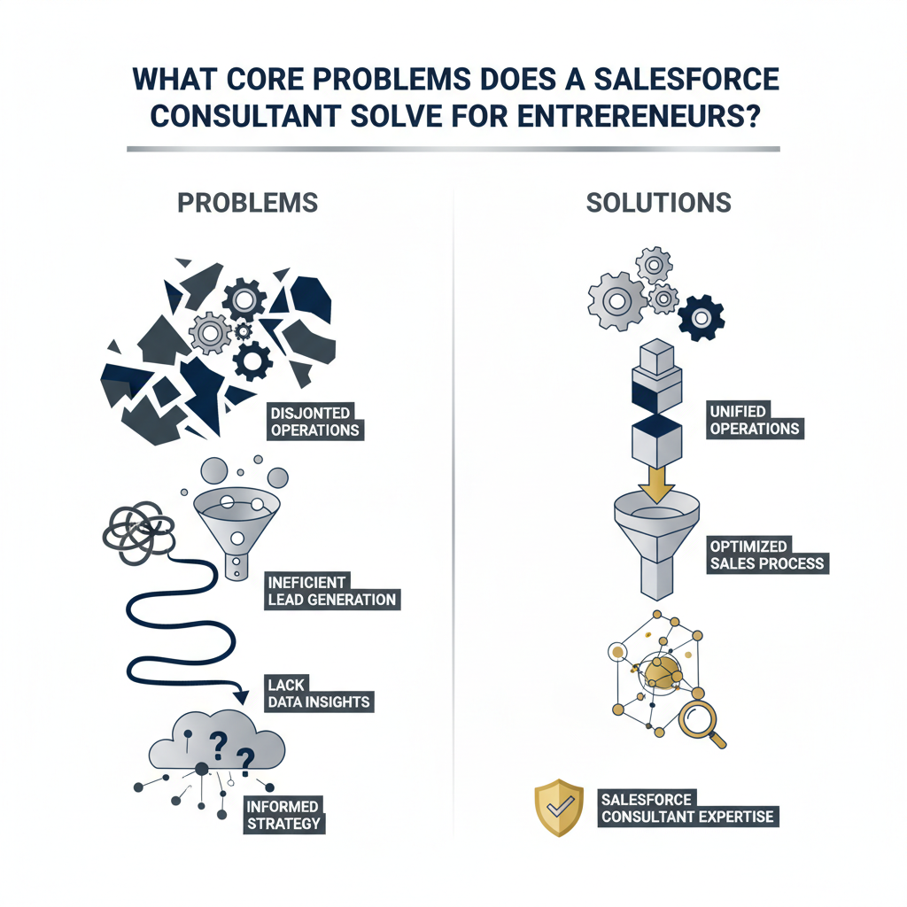 An infographic illustrating a problem-solution framework, showing how a Salesforce consultant transforms disorganized business challenges into streamlined, efficient operations.