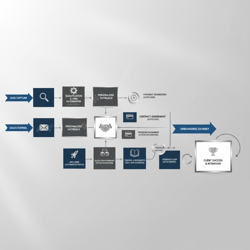 An infographic illustrating a streamlined, automated sales and client onboarding workflow as a series of connected geometric steps with automation indicators.