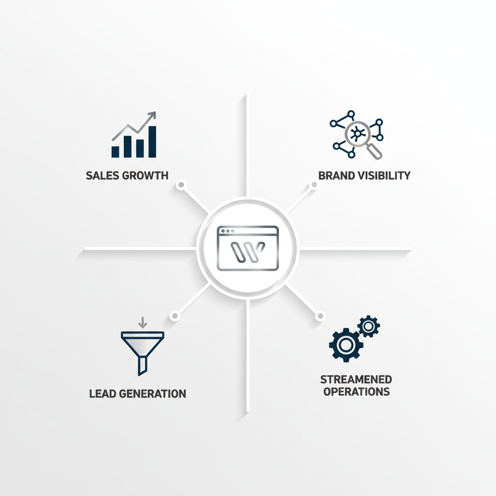 An infographic illustrating a website as a central hub, connected by lines to icons representing sales growth, brand visibility, lead generation, and streamlined operations.