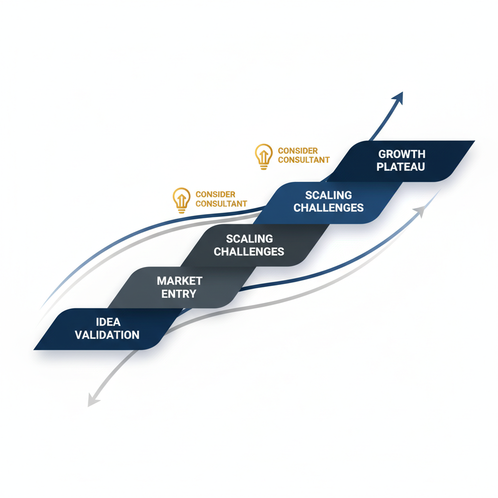 An infographic illustrating key business growth stages and trigger points indicating the optimal time to hire a startup marketing consultant.