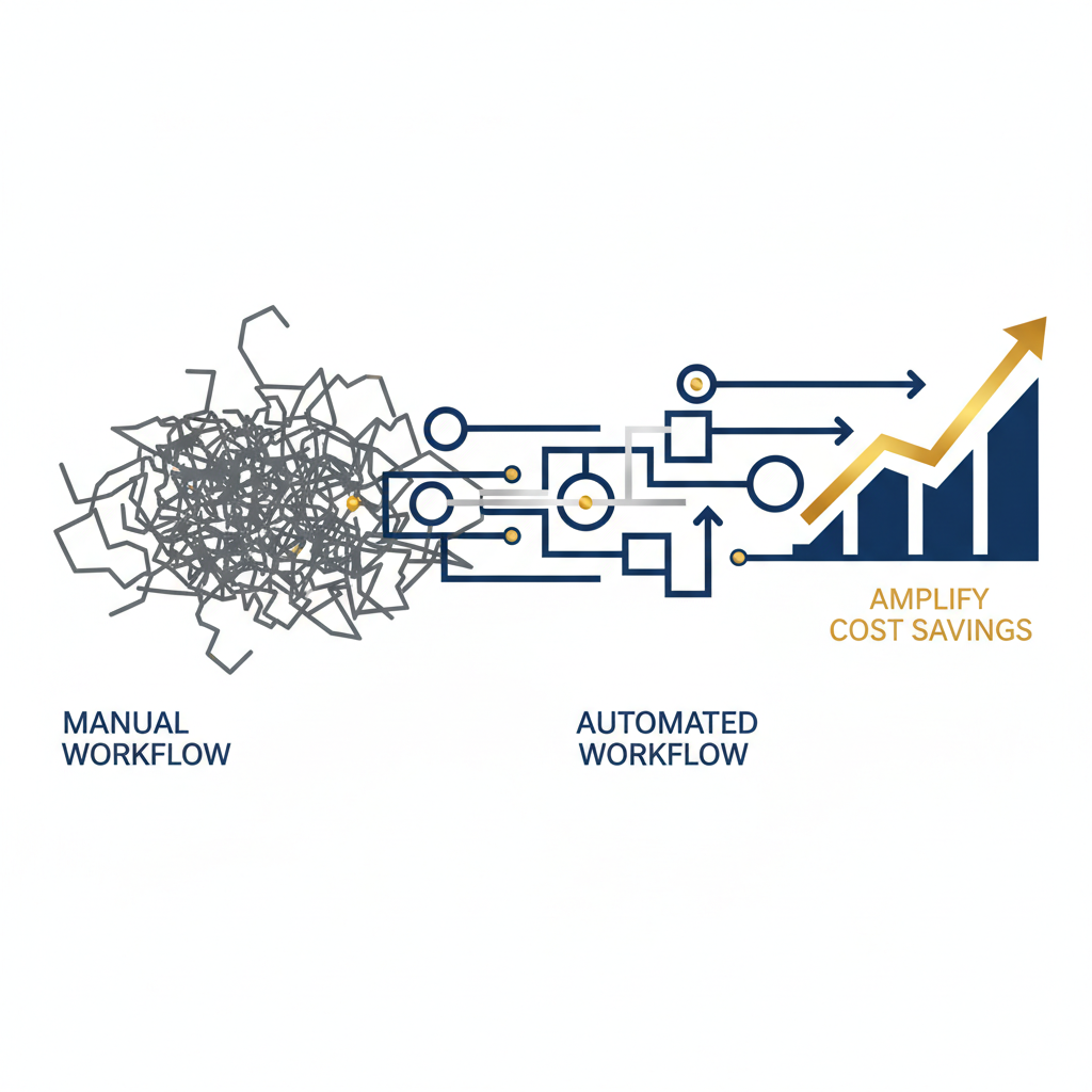 An infographic illustrating the transformation from a complex, manual business workflow to a simplified, automated process, with a financial growth chart indicating amplified cost savings.