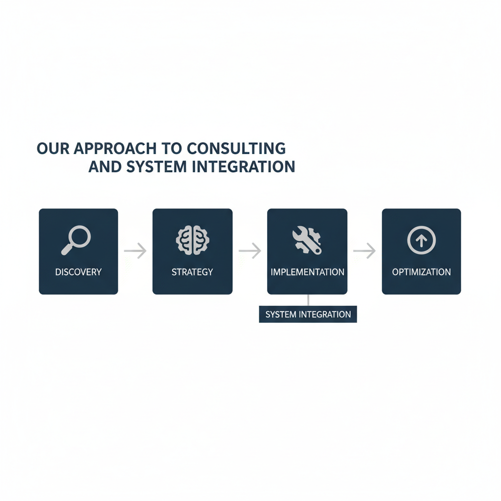 An infographic outlining a step-by-step consulting and system integration approach using a clean, multi-layered geometric process flow.