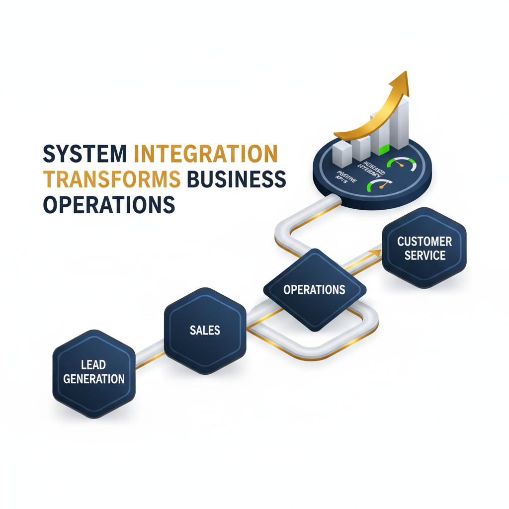 An infographic showcasing seamless business operations and growth achieved through system integration, depicted by interconnected geometric shapes and an upward-trending chart.