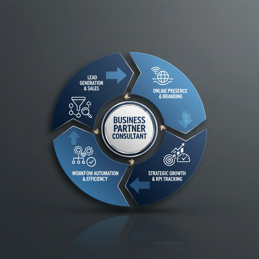 An infographic showing a central 'Business Partner Consultant' icon with four radiating modules, each representing a key area of business transformation: lead generation, online presence, workflow automation, and strategic growth.