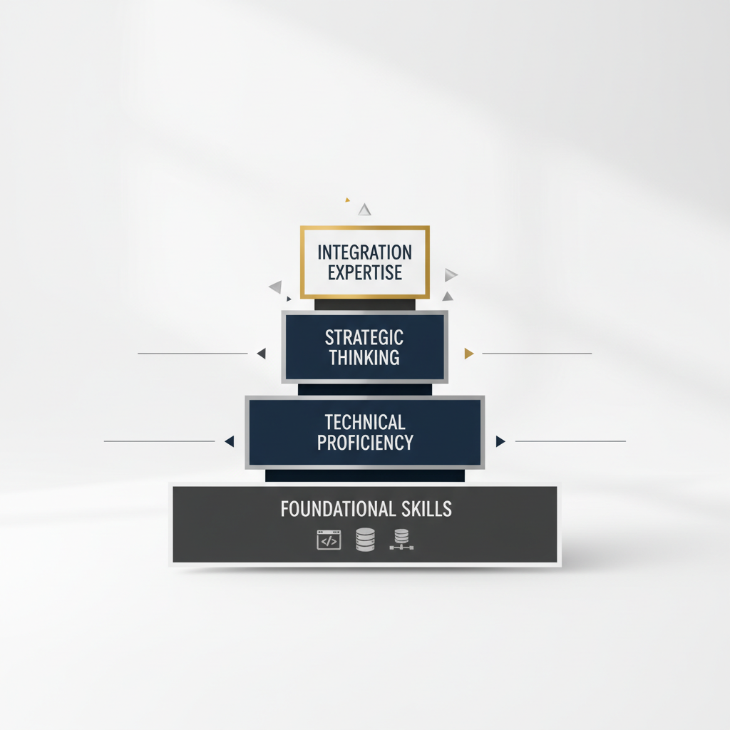 An infographic showing a layered pyramid or stack of blocks, with each layer representing a key quality of a world-class web developer, from foundational skills at the bottom to strategic integration at the top, using geometric shapes and a professional color palette.
