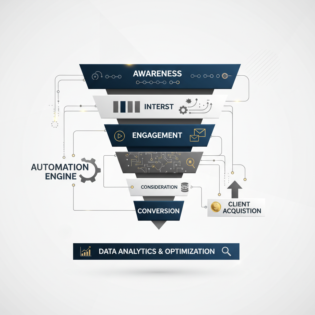 An infographic showing a multi-stage automated lead generation pipeline, represented by minimalist geometric shapes flowing from top to bottom, with labels for lead capture and conversion.