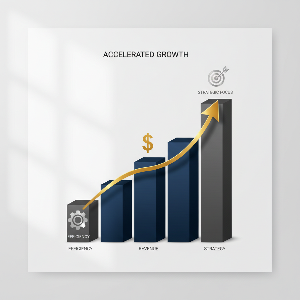 An infographic showing accelerated business growth with an ascending bar and line chart, featuring key milestones represented by geometric icons in silver or gold.