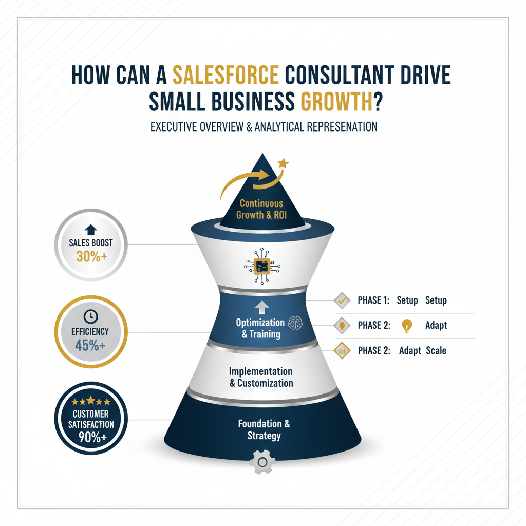An infographic showing an ascending business growth chart with clear milestones and KPI indicators, demonstrating how a Salesforce consultant drives small business growth.