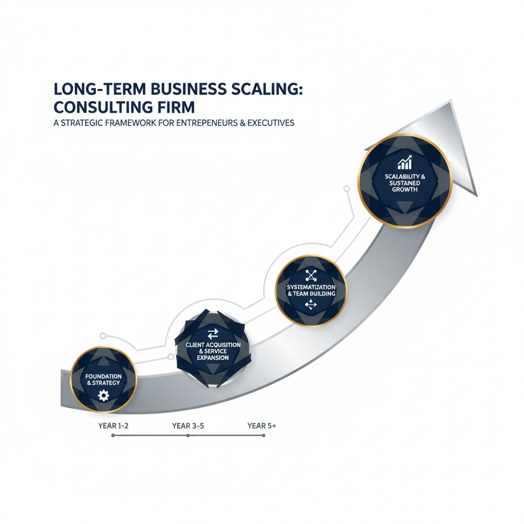 An infographic showing an ascending business growth chart with distinct milestones, represented by minimalist geometric shapes, symbolizing long-term scaling strategies.