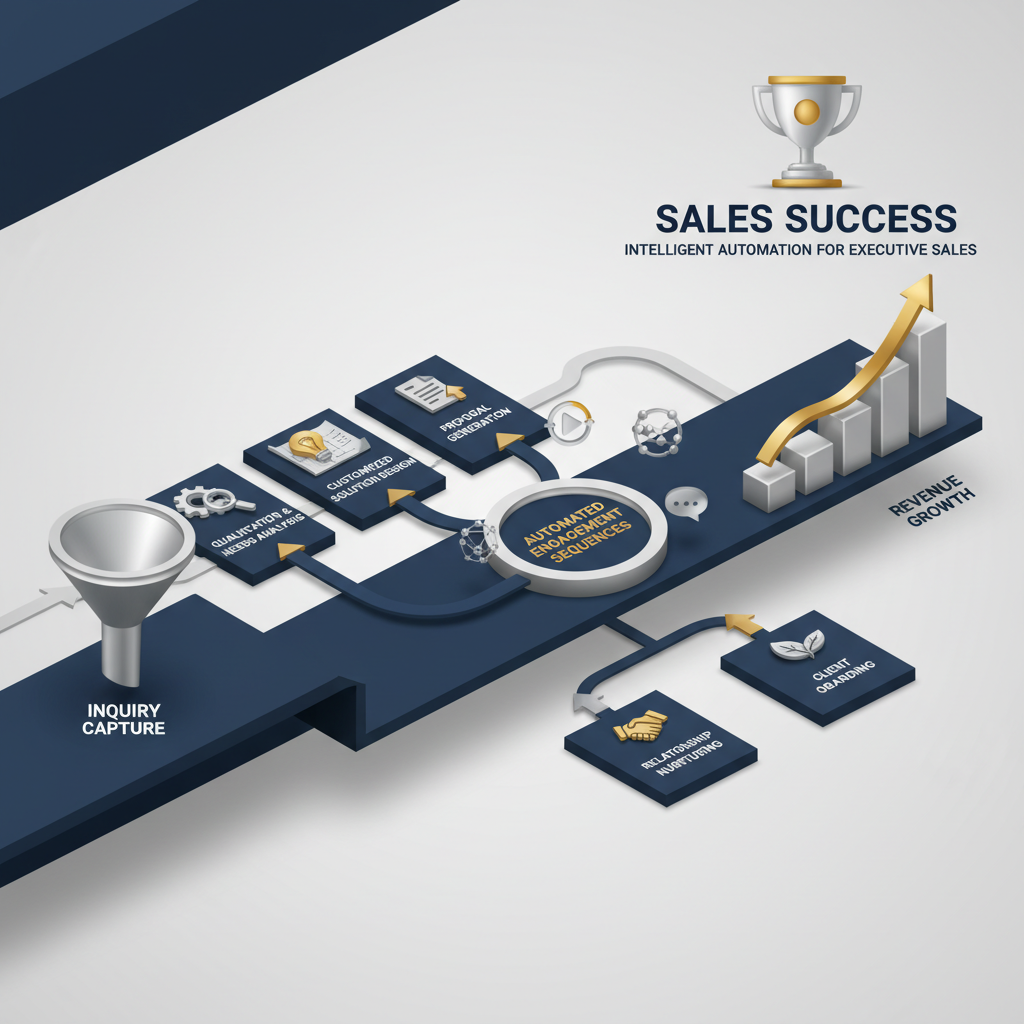 An infographic showing an automated sales consulting workflow, depicted as a streamlined pipeline with sequential stages and automation symbols.