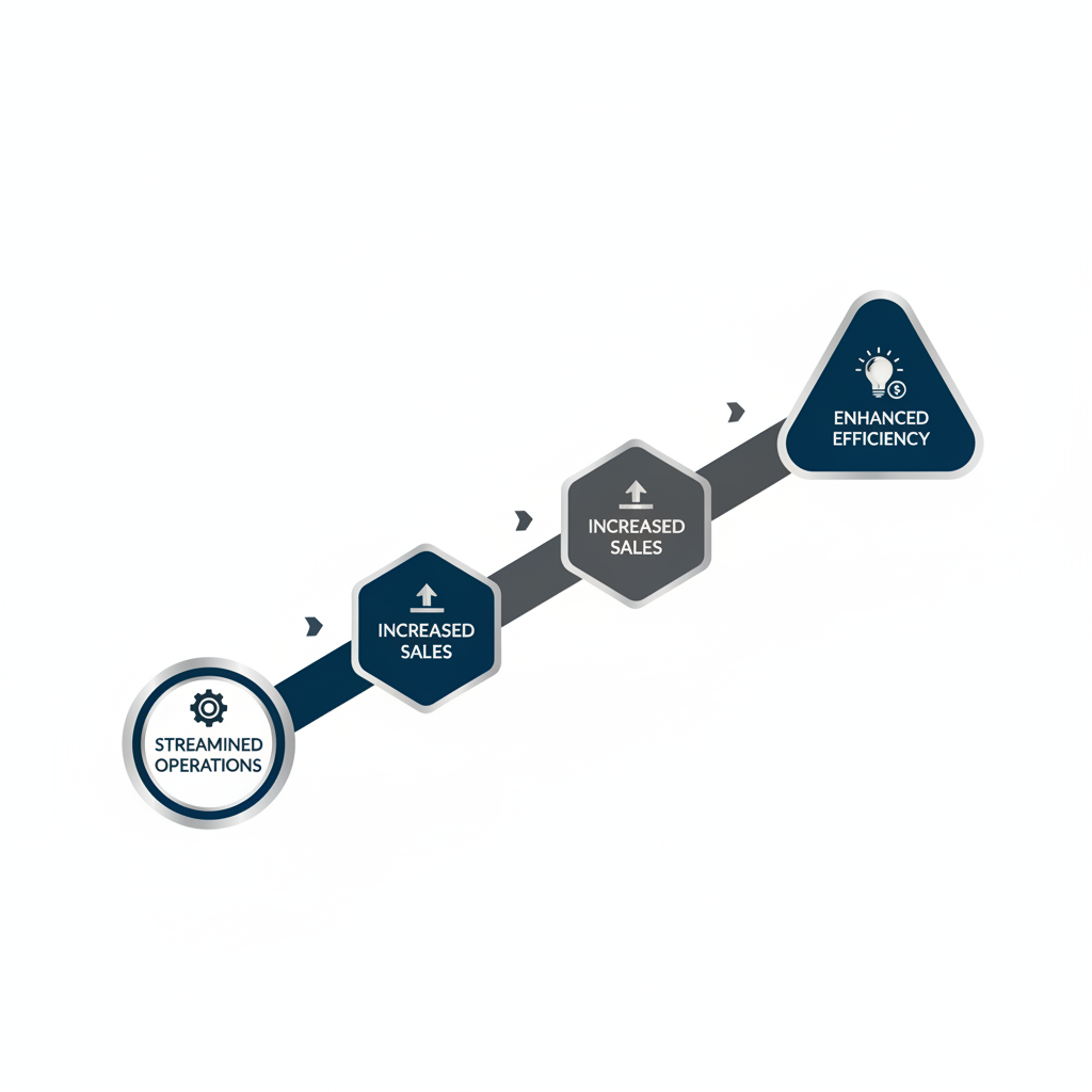 An infographic showing business growth and efficiency through interconnected geometric shapes flowing upwards, representing benefits of a dynamic website.