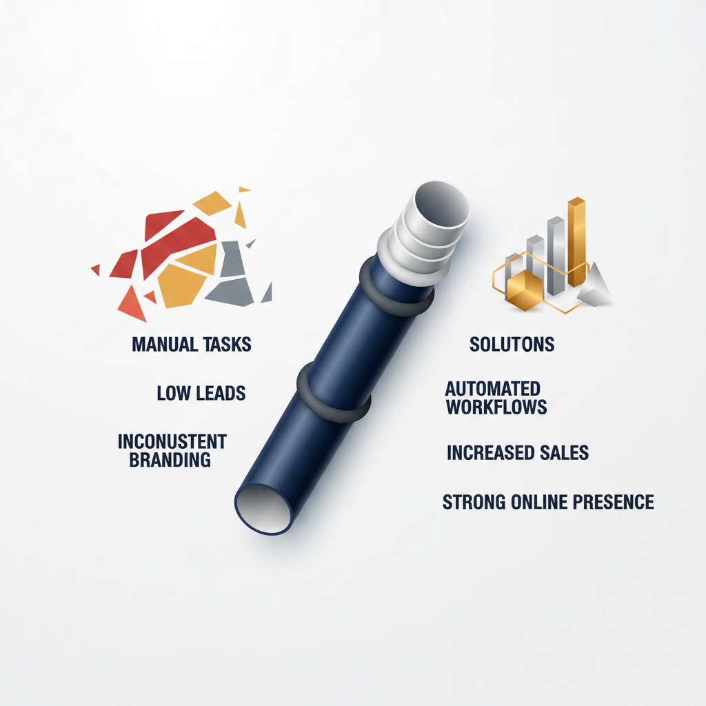 An infographic showing chaotic business problems on the left transforming into organized solutions and growth metrics on the right, connected by a central pipeline.