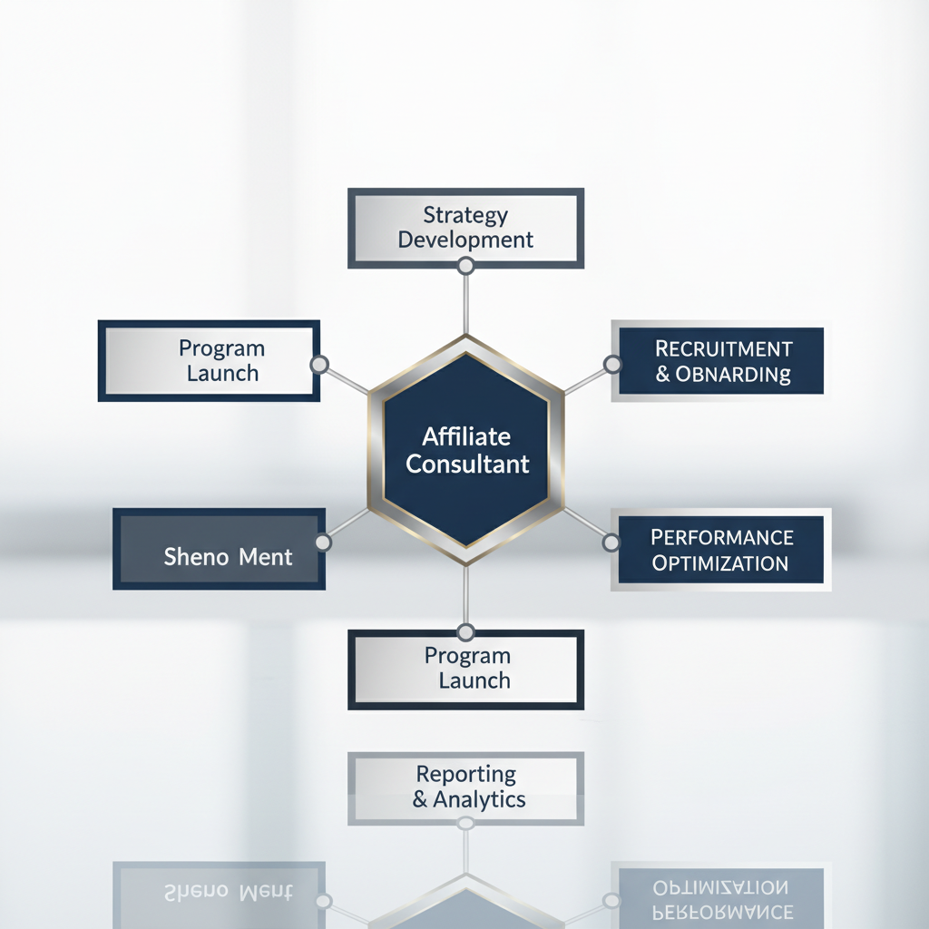An infographic showing the core services of an affiliate consultant as a structured diagram with a central hub and branching service categories.