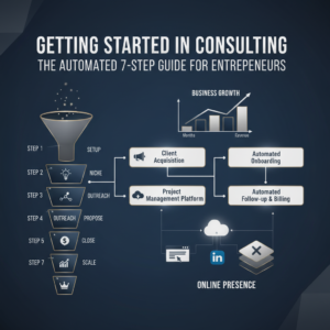 An infographic-style header image depicting a structured 7-step process for starting a consulting business. The visual combines elements of automation workflow diagrams, ascending growth charts, and a sales funnel, all integrated with digital icons representing online presence and marketing. It uses a premium color palette of deep navy, charcoal, and white with metallic silver accents, conveying professionalism, efficiency, and a clear path to business growth for entrepreneurs. No people are visible, focusing on conceptual business processes.