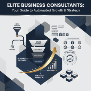 An infographic-style header image for an article on 'Elite Business Consultants: Your Guide to Automated Growth & Strategy'. It visually depicts abstract business concepts like automated workflows, sales funnels, and growth charts using modern, minimalist geometric shapes in deep navy, charcoal, white, and metallic accents. No people are present, focusing on data and process.