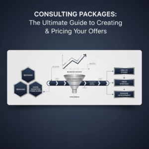 An infographic-style image illustrating the structured process of creating and pricing consulting packages. It features interconnected diagrams representing business automation, growth charts, sales funnels, and digital marketing frameworks, all in a modern, professional style with a deep navy, charcoal, and metallic color palette.