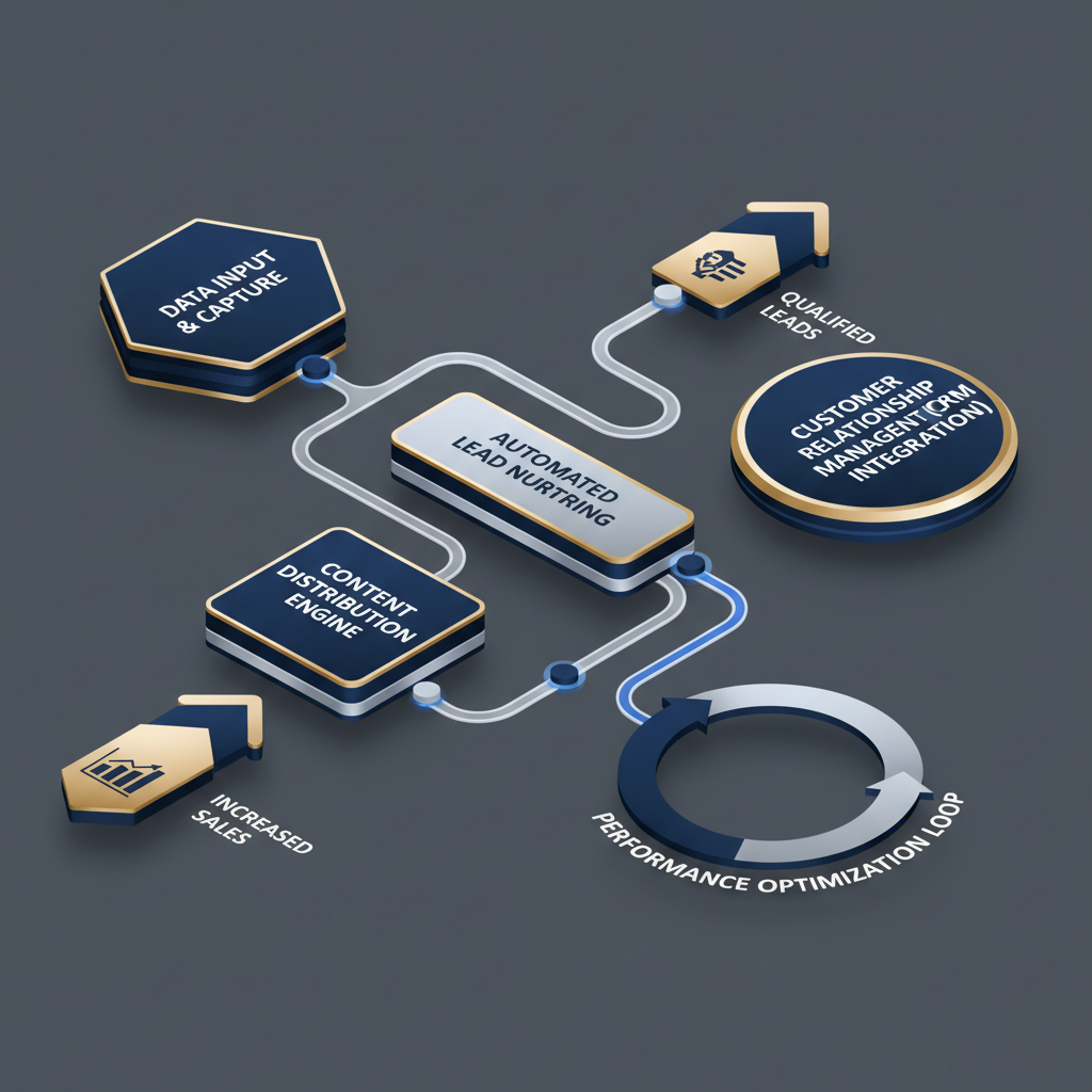 An infographic visualizing a powerful automated marketing workflow, demonstrating how technology can achieve consultant-level results in lead generation and business growth through various integrated processes.