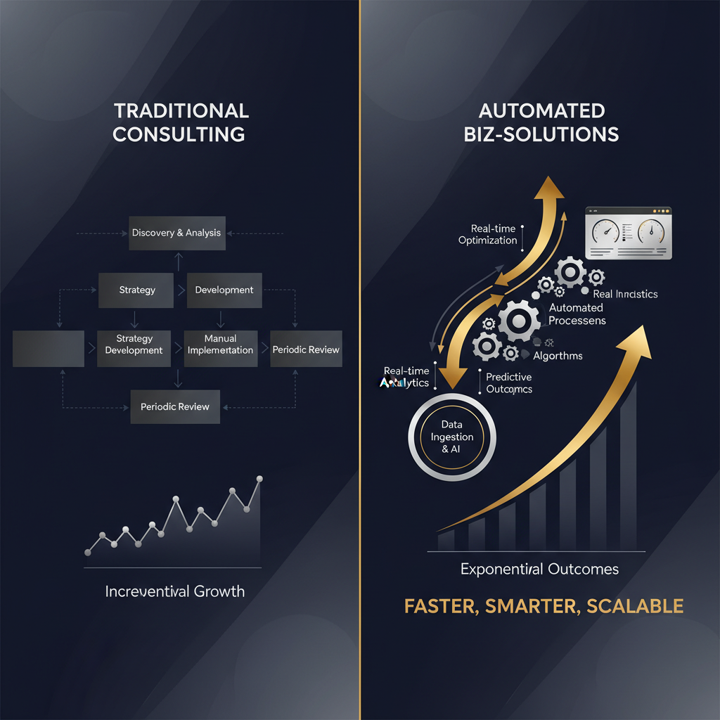 An infographic visually comparing traditional consulting's sequential process with the accelerated, interconnected workflow and growth results achieved through business automation solutions.