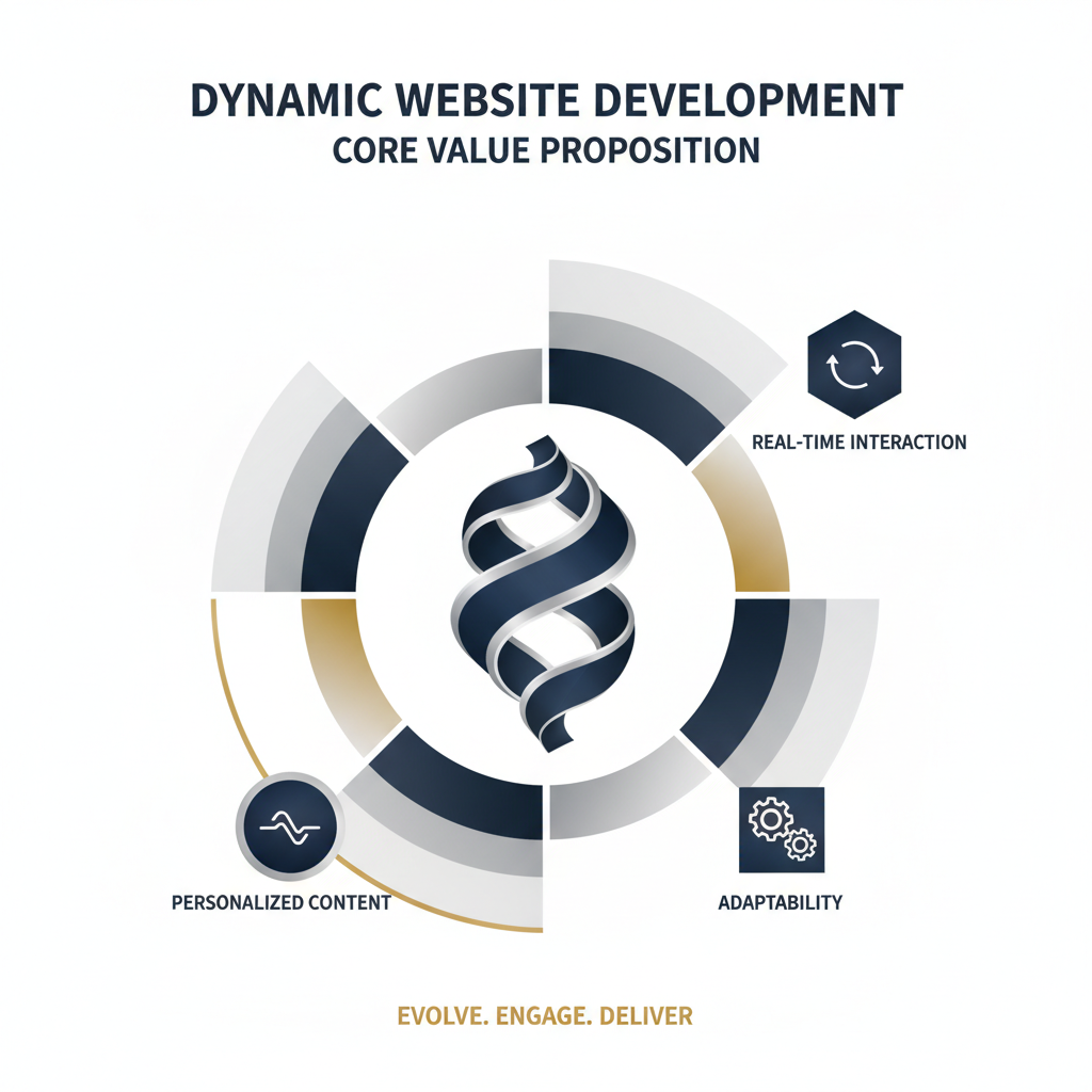 An infographic with a central layered icon representing a dynamic website, with radiating geometric components symbolizing adaptability and interactive content.