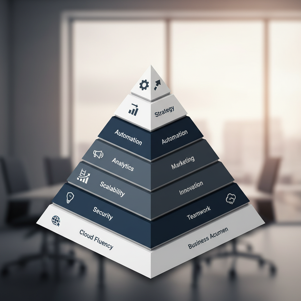 An isometric infographic illustrating ten key traits of leading web developers, shown as a sophisticated, multi-layered geometric structure with metallic accents.