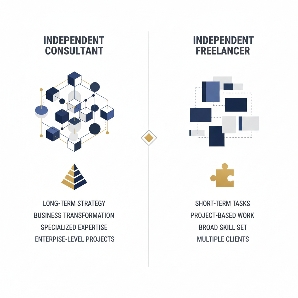 Infographic comparing an independent consultant versus a freelancer, using two distinct geometric panels with abstract icons and metallic accents.