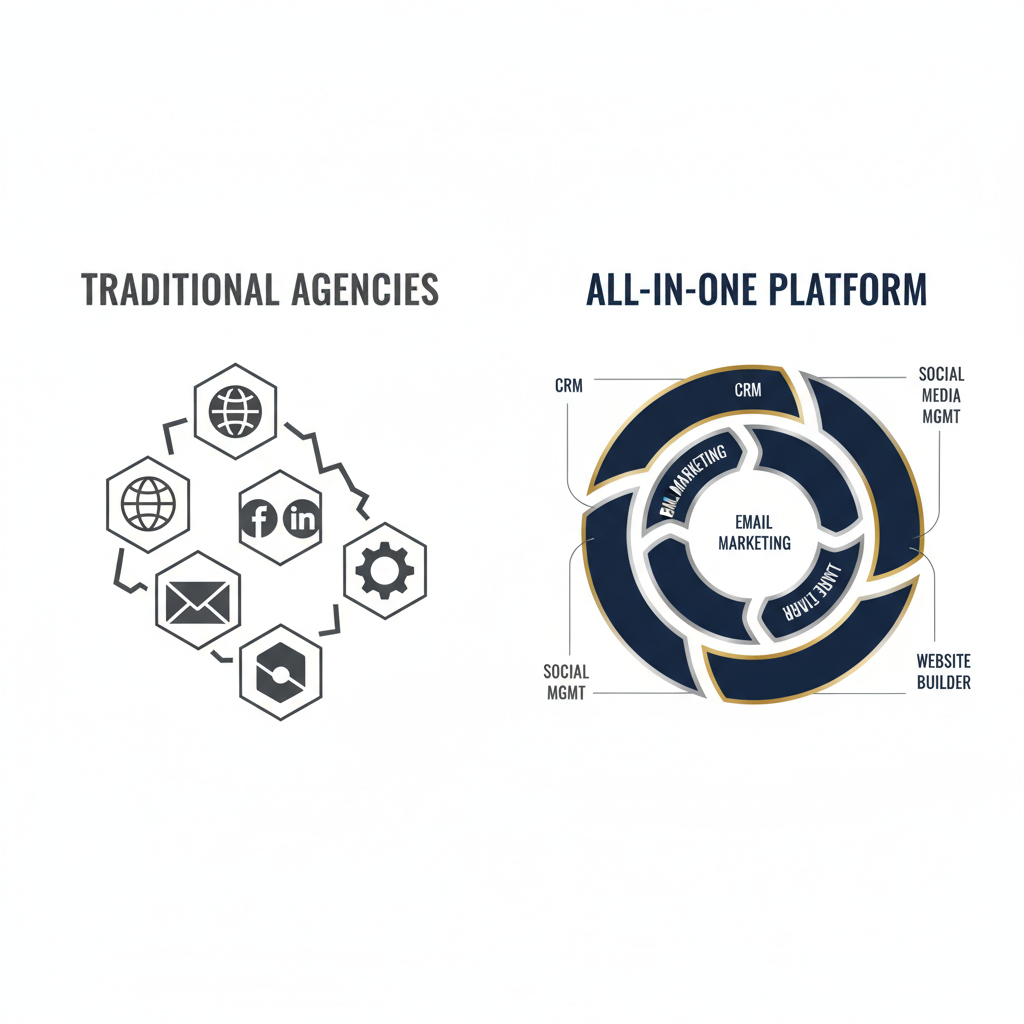Infographic comparing fragmented 'Traditional Agencies' with a unified, integrated 'All-in-One Platform' through geometric shapes and connecting lines.