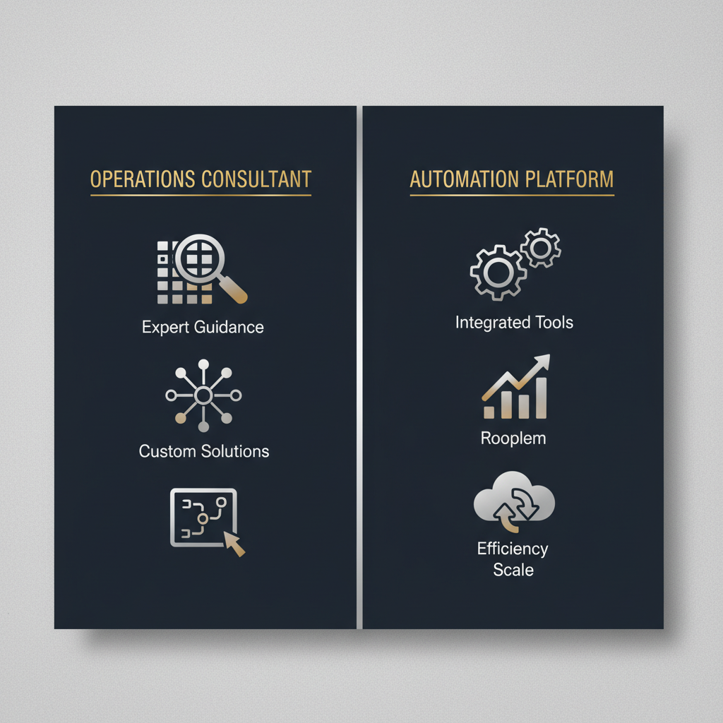 Infographic comparing the benefits and attributes of an operations consultant versus an automation platform, using abstract icons and a balanced visual layout.