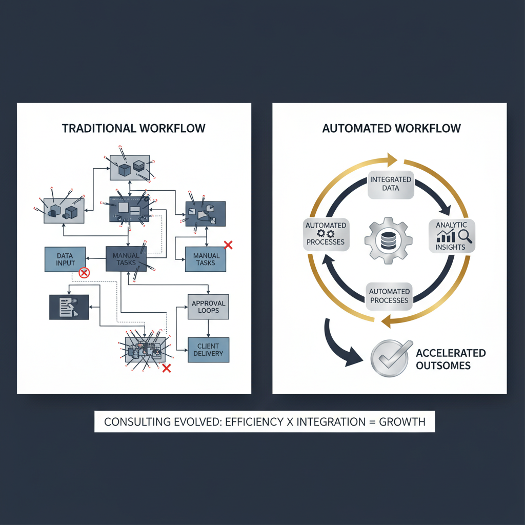 Infographic depicting a complex business workflow being transformed into an efficient, automated process through interconnected digital icons and streamlined pathways.
