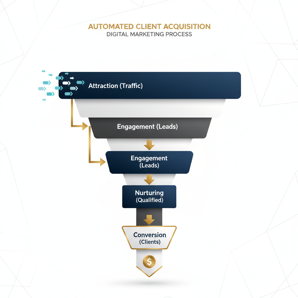 Infographic depicting an automated digital marketing client acquisition funnel, illustrating a seamless flow from attraction to conversion with stages like traffic, leads, and clients.