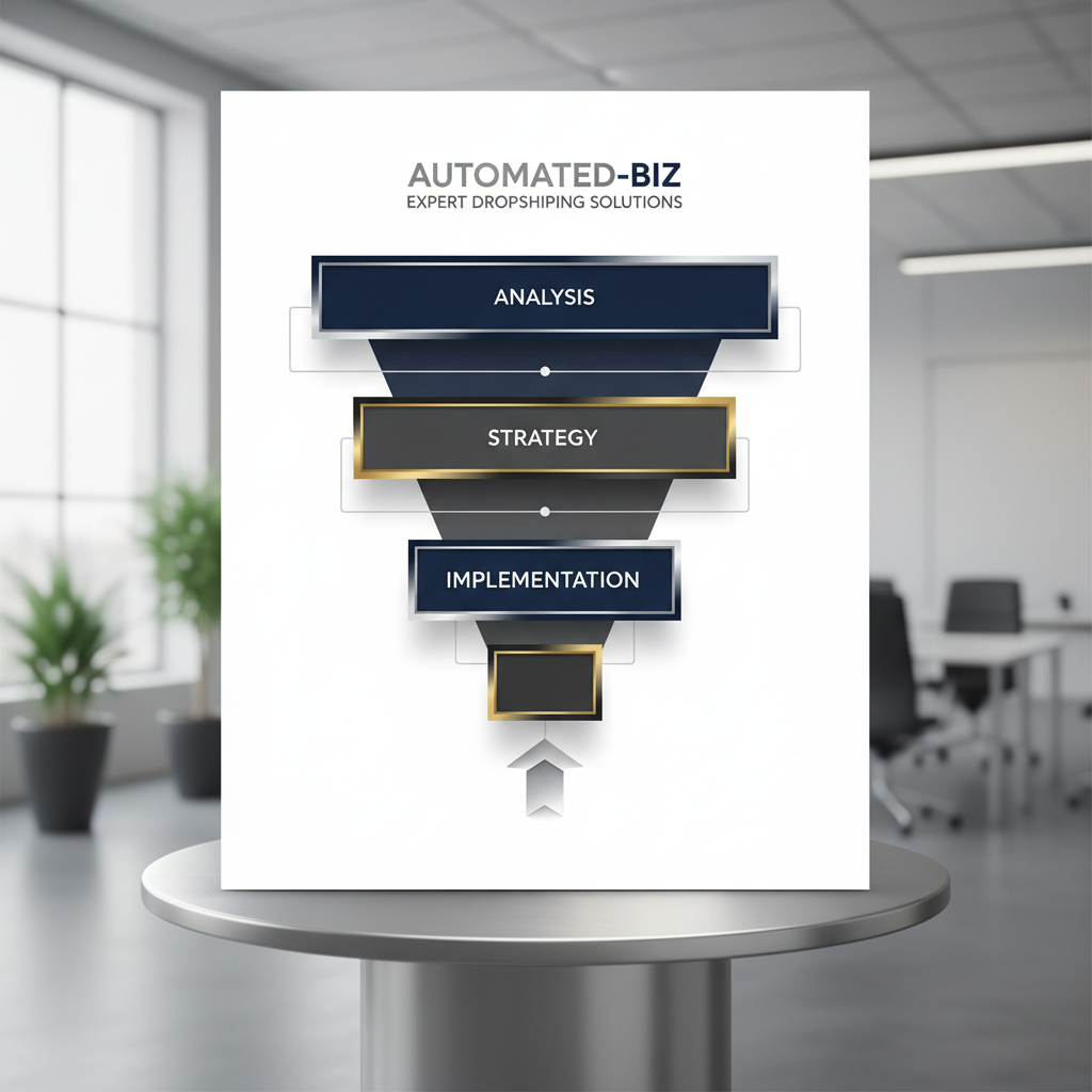 Infographic detailing Automated-Biz's expert dropshipping solutions through a multi-stage, layered framework, depicting a systematic process from analysis to optimization with geometric shapes.