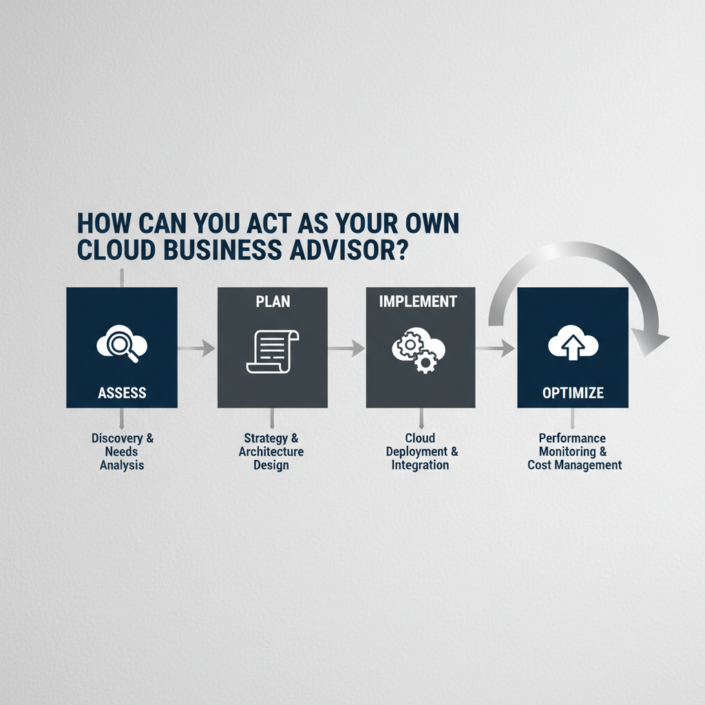 Infographic displaying a step-by-step process flow diagram with interconnected geometric blocks labeled 'Assess', 'Plan', 'Implement', and 'Optimize', each with a relevant abstract icon.